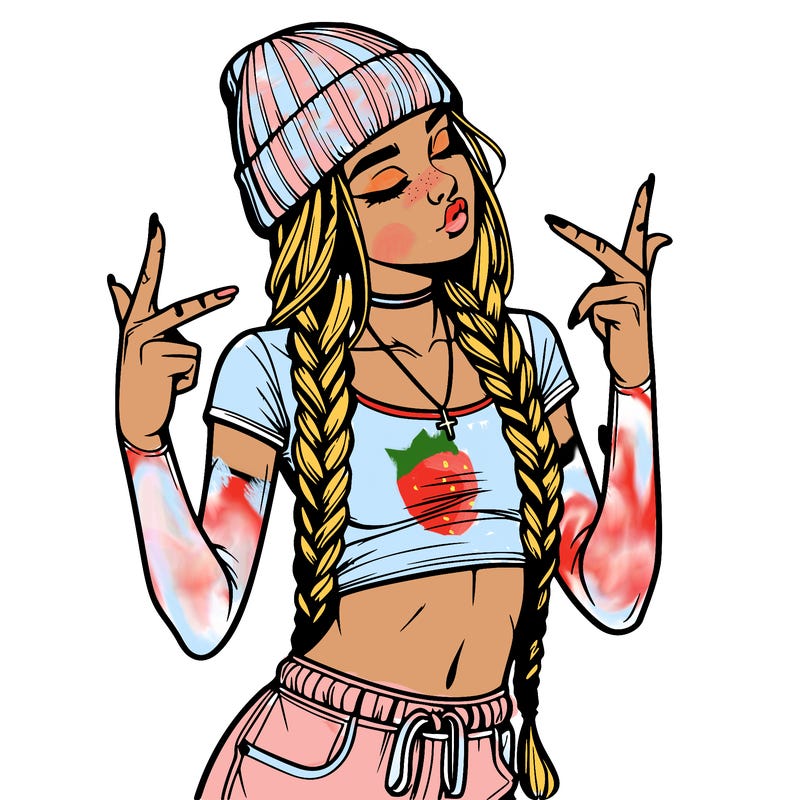 realistic teenage girl with braids and a beanie and crop top doing 🫶🏼