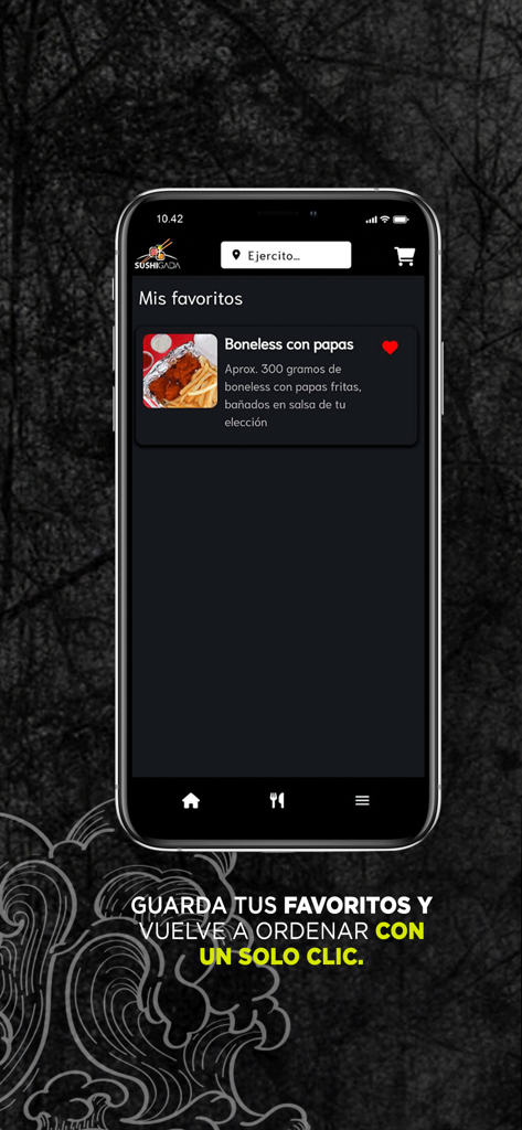 SushiGada - Smartphone screen of SushiGada app showing the favorites menu with a saved order of boneless chicken and fries.