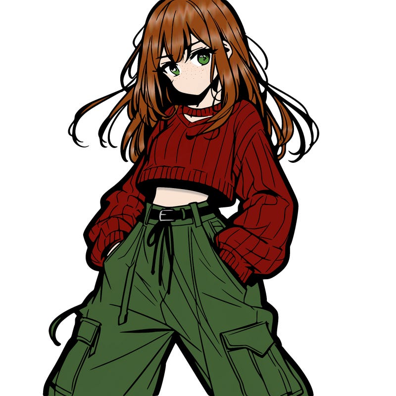 anime teen girl with baggy pants and crop top with sweater