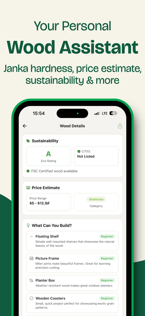 Interfaz de la aplicación Wood Identifier que muestra puntuaciones de sostenibilidad, estimaciones de precios y sugerencias de proyectos de carpintería
