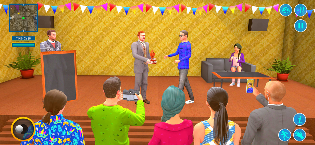 Viral YouTuber Life Simulator - Un personaje YouTuber recibiendo un prestigioso premio en un escenario frente a fotógrafos y una audiencia.