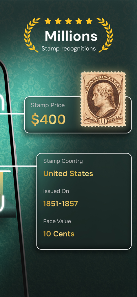 Stamp Value Stamp Identifier - L'application d'évaluation de la valeur des timbres montrant la valeur marchande et les données historiques d'un timbre-poste américain.