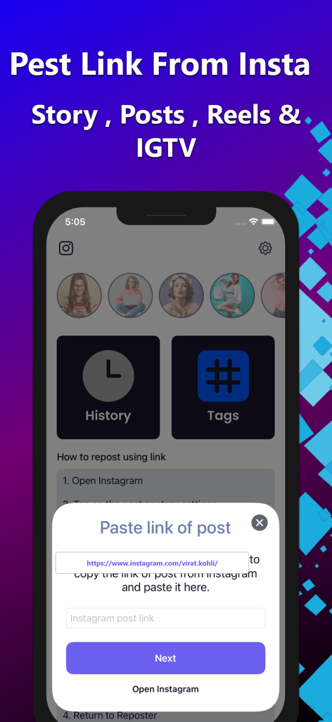 InstaSave : IG Reels Stories - Interface of the InstaSave app showing a screen to paste an Instagram link for saving Reels and Stories