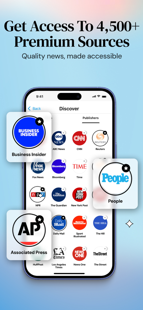 다양한 프리미엄 뉴스 발행사 및 출처의 로고를 표시하는 SmartNews 앱 인터페이스