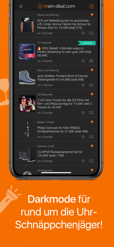 衣料品、電化製品、家庭用品のさまざまなショッピングオファーが表示されたダークモードのMein-Dealアプリを表示するスマートフォン