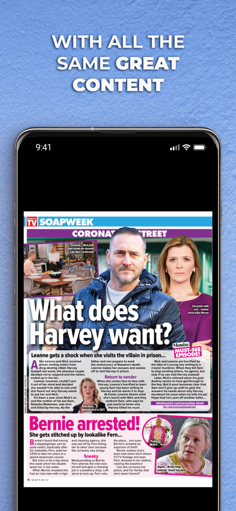 What's on TV Magazine - Digital magazine page in the What is on TV app featuring Coronation Street soap opera news