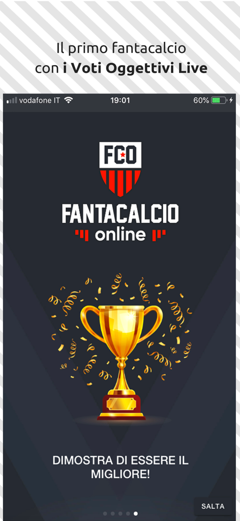 Fantacalcio Online - Schermata di benvenuto dell'app Fantacalcio Online che mostra un trofeo dorato con coriandoli e testo italiano competitivo