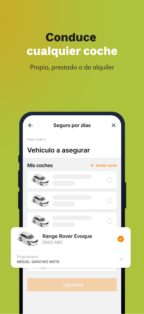 DayCover | Seguro por dias - Pantalla de la aplicación móvil DayCover para seleccionar un vehículo a asegurar para cobertura a corto plazo.