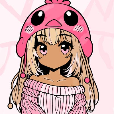 anime girl with chick shaped hat with sweater with bare shoulders with bangs covering them one eye with low tail