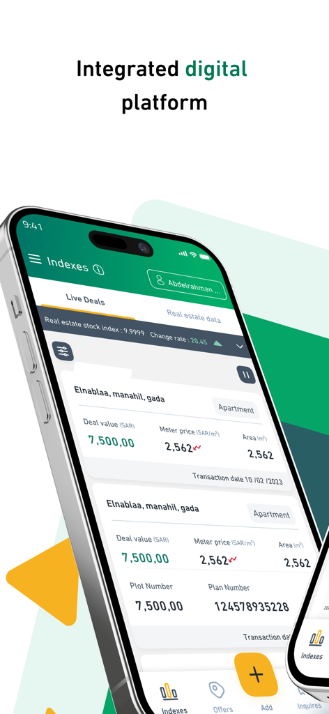 Saudi Real Estate Market - iPhone screen displaying live real estate deals and market indexes on the Saudi Real Estate Market integrated digital platform.