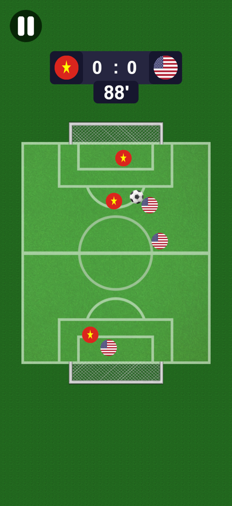 88分、アメリカ対ベトナムの0-0の試合を表示するマーブルフットボールのゲームプレイ画面。