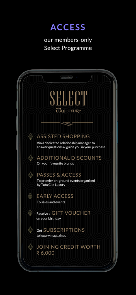 Tata CLiQ Luxury Shopping App - Una pantalla de aplicación móvil que detalla los beneficios del programa Tata CLiQ Luxury Select, como compras asistidas, acceso anticipado y vales de regalo.