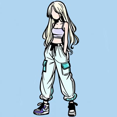 girl in baggy pants crop top and long hair
