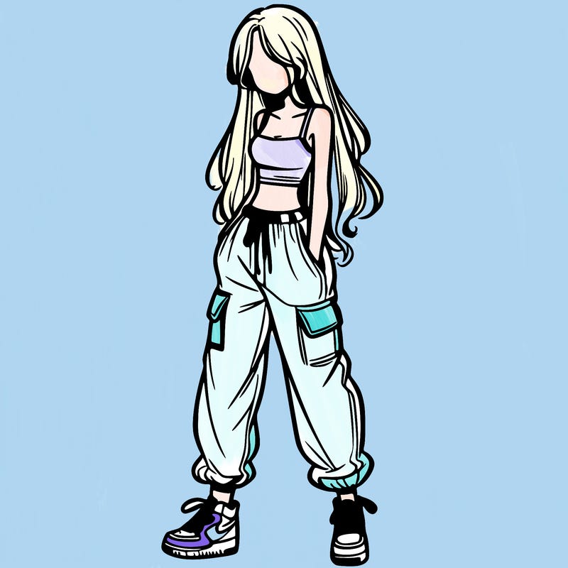 girl in baggy pants crop top and long hair