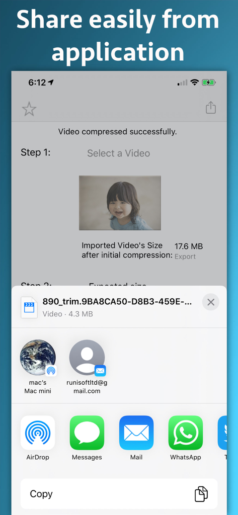 iOS screen showing a successfully compressed video and sharing options via email and messaging apps