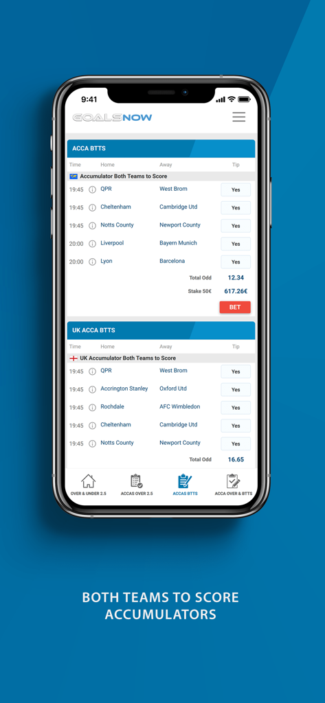 GoalsNow app screen showing both teams to score soccer accumulator betting tips
