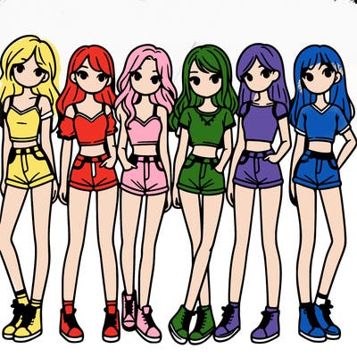 a group of girls wearing crop tops and shorts