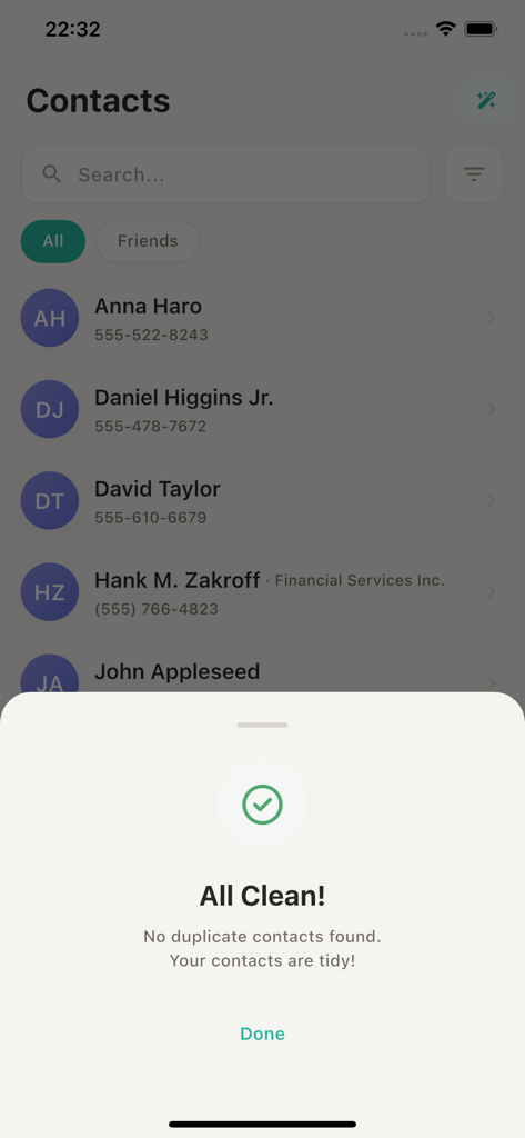 Tidy - Contacts Manager - Tidy app displaying an All Clean confirmation message after scanning for duplicate contacts