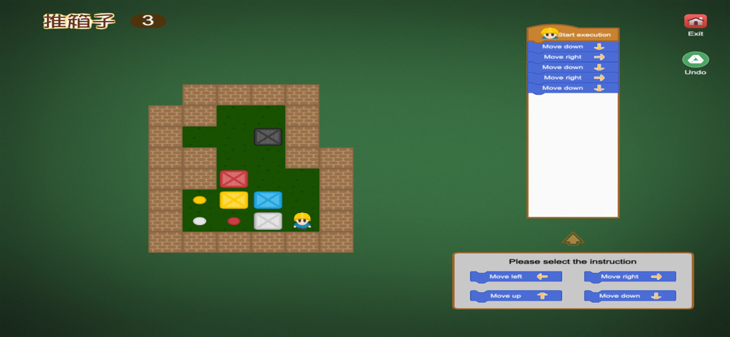 Scratch Tutorial - Coding Game - Educational interface showing block based coding blocks to solve a logic puzzle game for children
