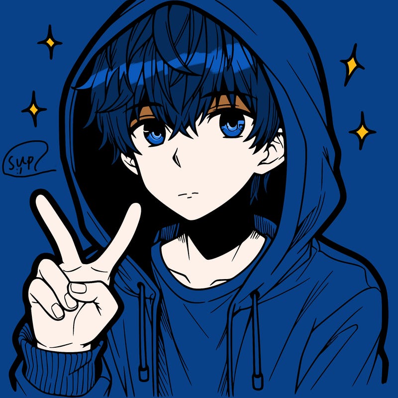 teenage manga boy in a hoodie, doing ✌