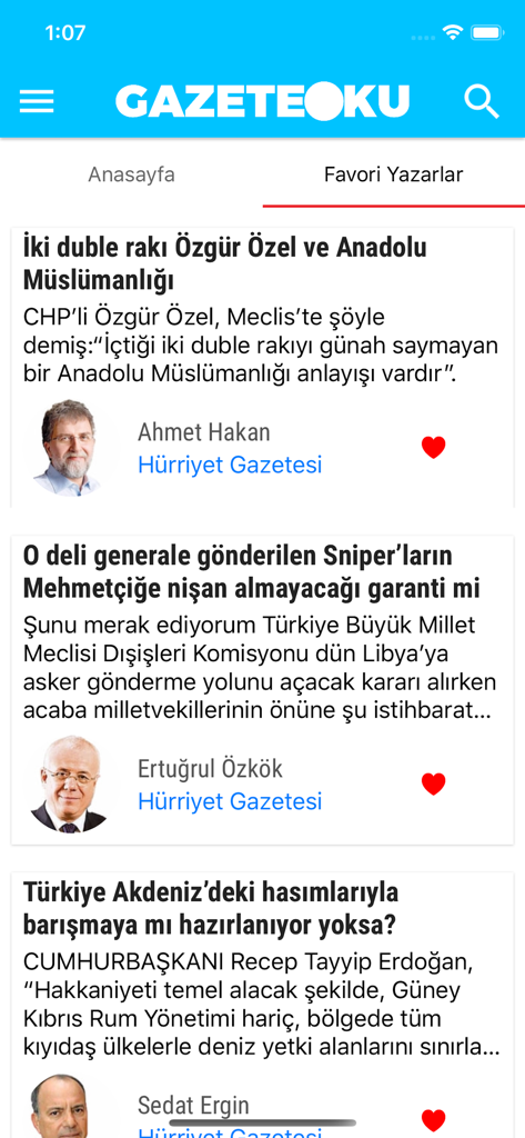 Gazete Oku app interface showing news articles from Turkish columnists.