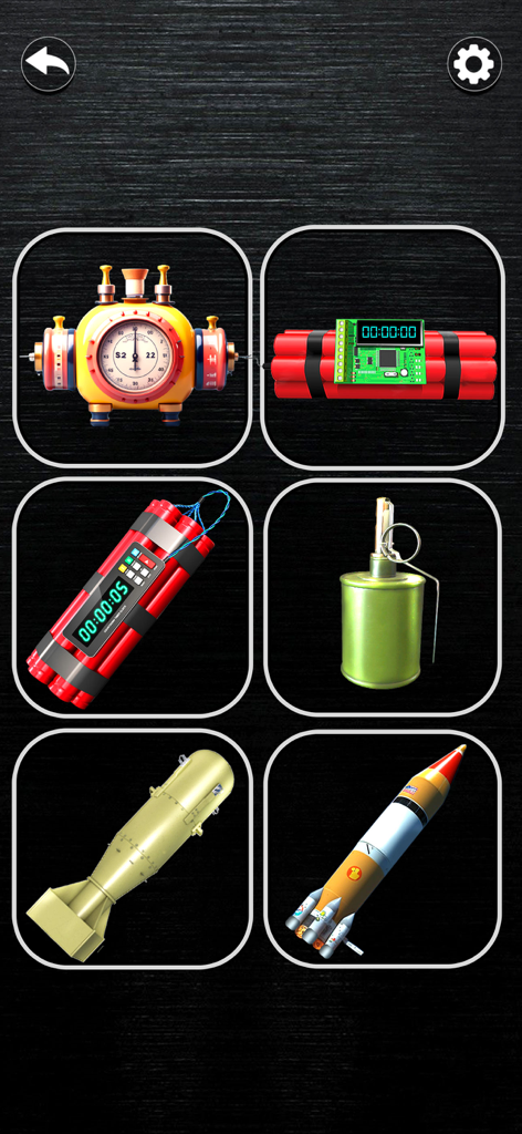 Time Bomb Sounds Screen Prank - Uma tela de menu apresentando vários tipos de bombas, incluindo dinamite, granadas e mísseis para sons de pegadinha