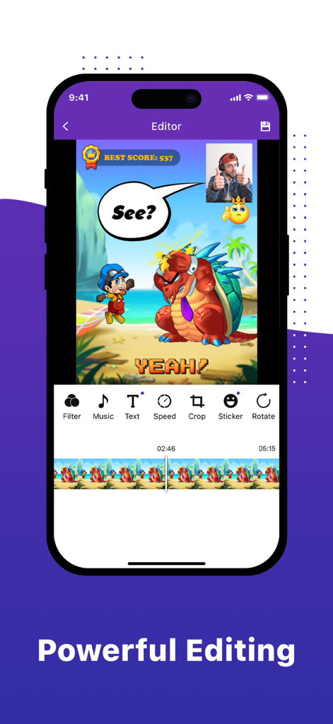 Screen recorder: Record now! - Interfaz de aplicación de grabadora de pantalla móvil que muestra herramientas de edición de video con Facecam y funciones de pegatinas