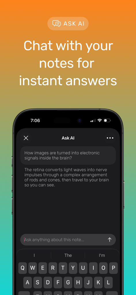 Noted: Record & AI Transcribe - Écran de smartphone montrant la fonction de chat 'Ask AI' dans l'application Noted pour répondre aux questions basées sur les notes enregistrées