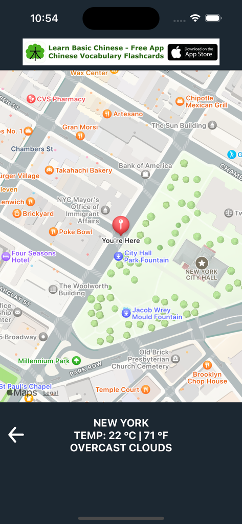 Feng Shui Home - Buddha Mantra - ニューヨークのユーザーの現在地と現地の天気予報を示す風水ホームアプリのマップビュー