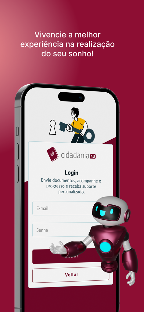 Cidadania4u - Cidadania4u app login screen featuring a virtual assistant robot and the company logo.