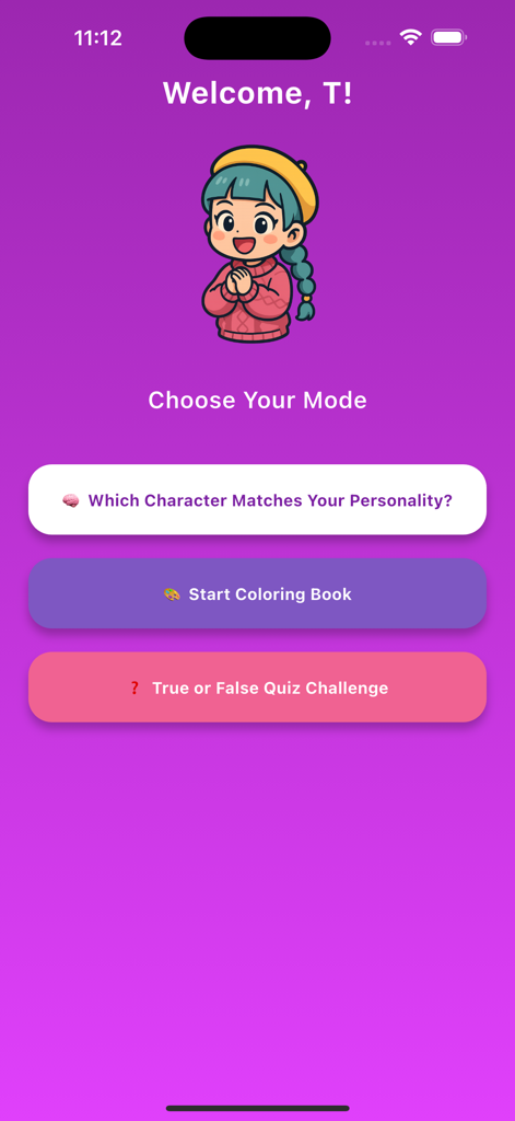 Kpop Quiz & Coloring Game - Home screen of the Kpop Quiz and Coloring Game app featuring a cute character and game mode selections