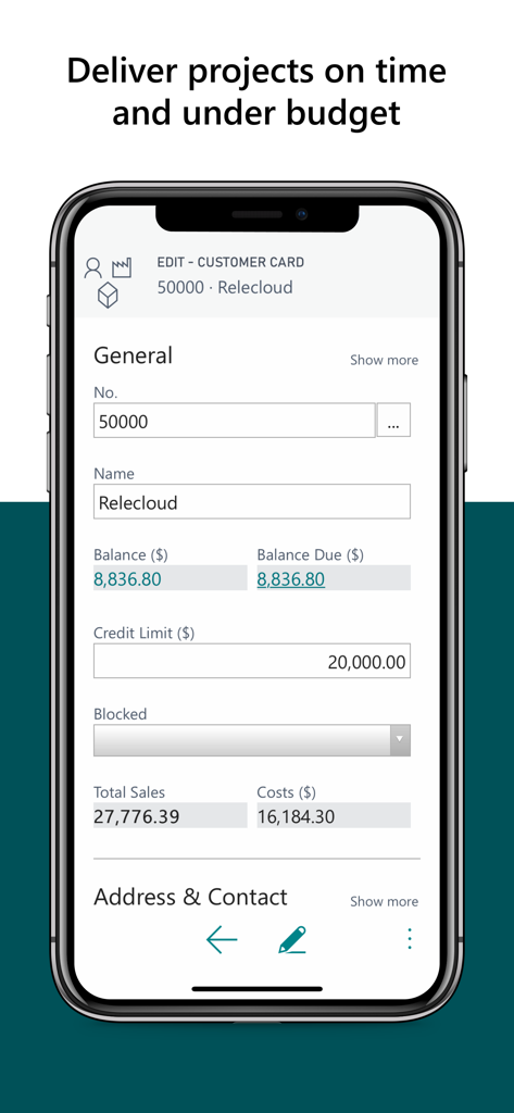 Aplicação móvel Microsoft Dynamics 365 Business Central que mostra um cartão de cliente com métricas financeiras e de vendas