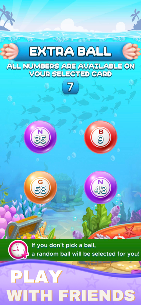 Real Bingo - Win Cash Prizes - Captura de pantalla de la aplicación Bingo Real que muestra la pantalla de selección de bola extra con temática submarina y bolas de bingo coloridas