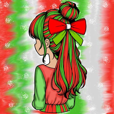 realistic girl  with hip length hair a bun and a big bow on the back of head