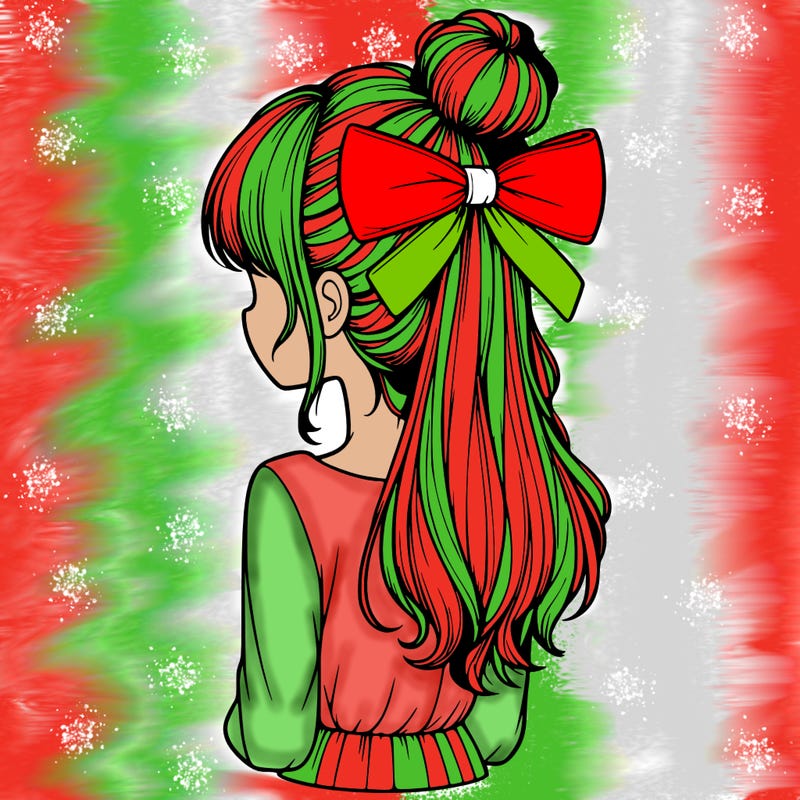 realistic girl  with hip length hair a bun and a big bow on the back of head
