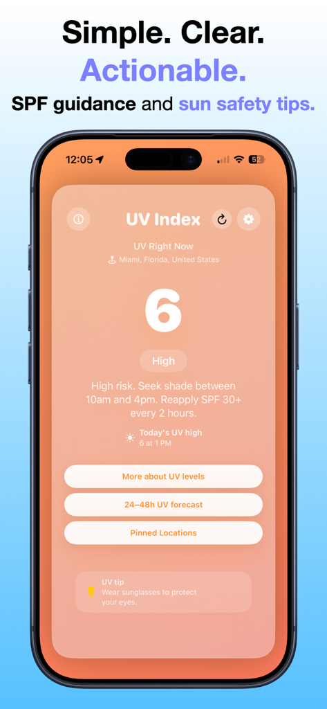 UV Index Today – UV Forecast - UV Index Today app interface showing a high UV index of 6 in Miami with sun safety advice and SPF guidance