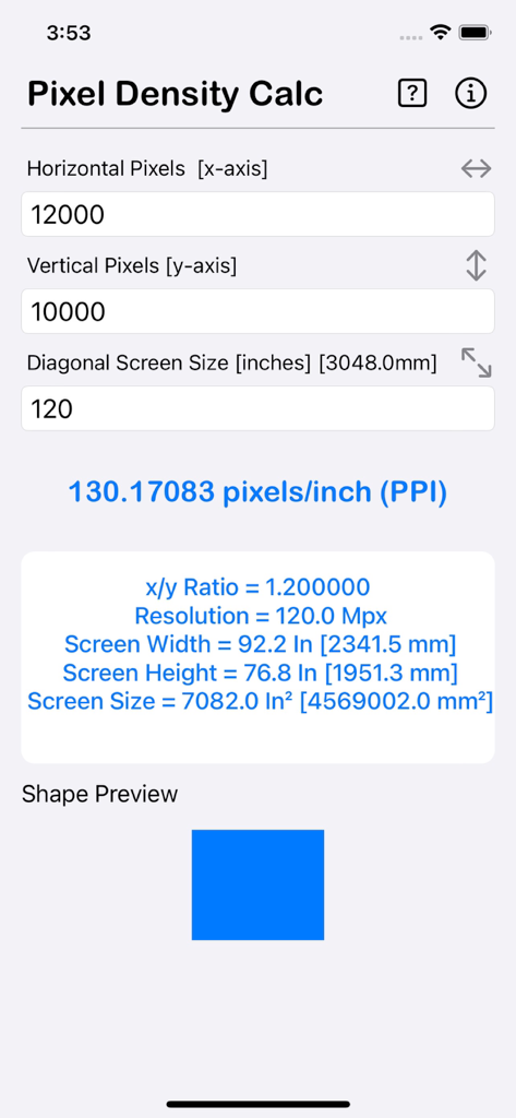 Pixel Density Calculator - ピクセル密度計算機アプリ。PPI結果とディスプレイ寸法を表示しています。