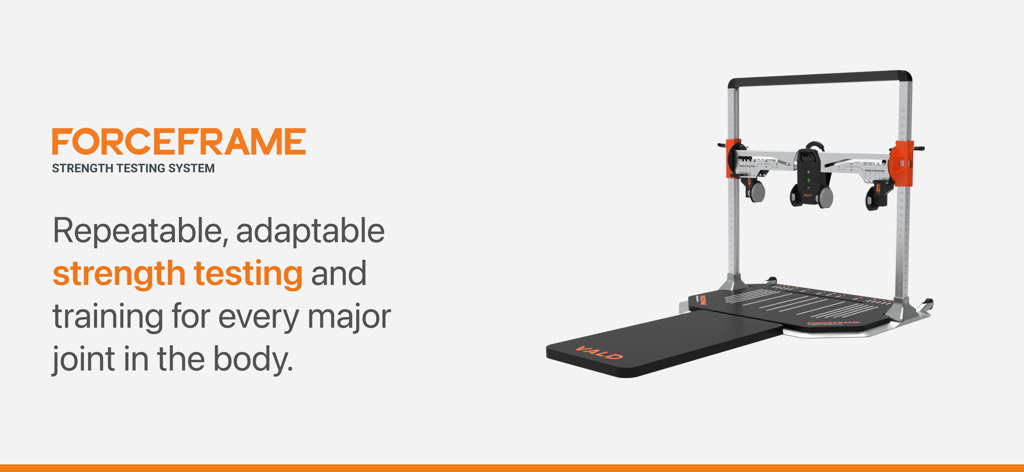 The ForceFrame hardware system for repeatable and adaptable strength testing and training across major body joints.