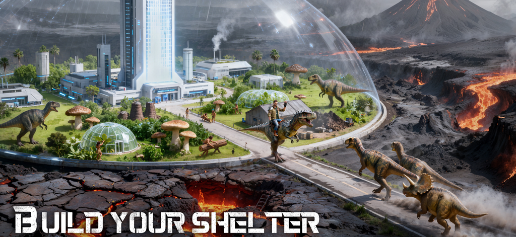 恐竜がいる火山性の先史時代の風景にあるガラスドームで保護された未来的な基地