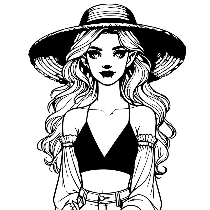 realistic vampire girl with big straw hat and crop top