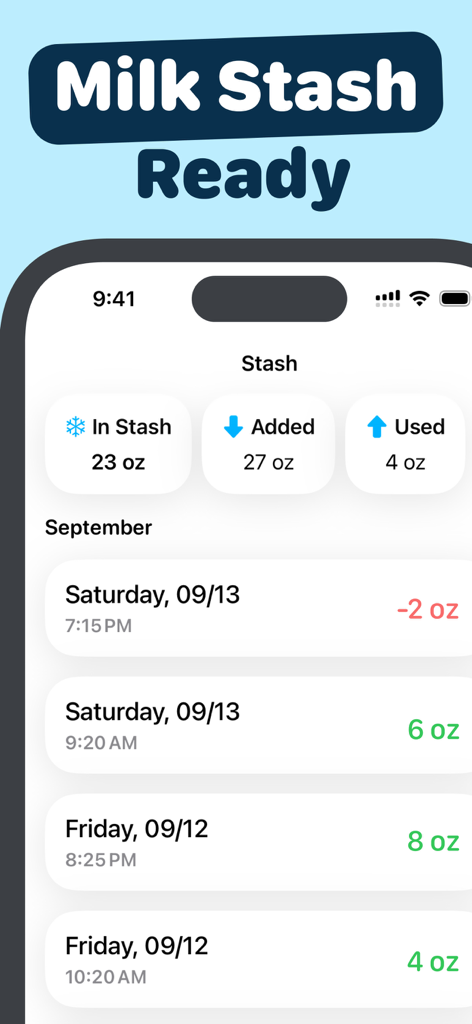Baby Feed Timer - Babee - Milk stash management screen in the Baby Feed Timer app showing volume added and used