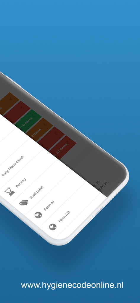 Hygiënecode Online - Mobile screen of Hygiënecode Online app showing HACCP menu options like daily temperature checks and food labeling