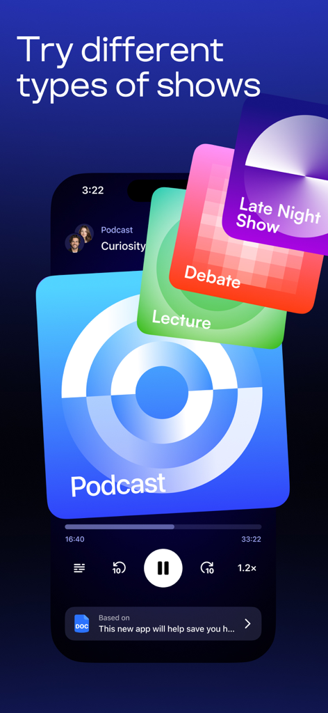 AI Podcasts by Speechify - Interfaz de la aplicación AI Podcasts de Speechify que muestra diferentes formatos de programa como Conferencia, Debate y Programa Nocturno.