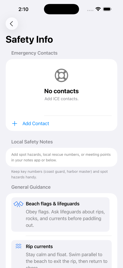 Surf's App: Windsurf, Kitesurf - アプリの安全情報画面。緊急連絡先とサーフィンやウィンドスポーツのビーチ安全ガイドラインが表示されています。