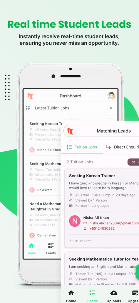 MyPrivateTutor Educator - Interface do aplicativo móvel MyPrivateTutor Educador apresentando leads de alunos em tempo real e listagens de empregos de tutoria.