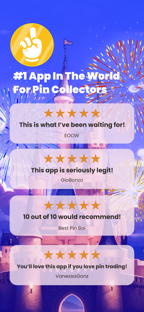 Four five-star user reviews for the MagicPin Disney Pin Collector app displayed over a castle and fireworks background.