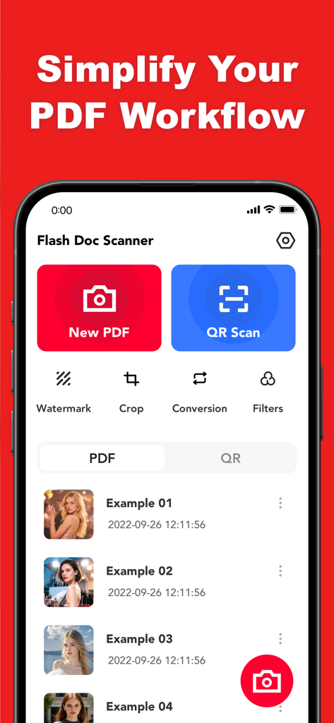 Flash Doc Scanner - PDF Maker - Flash Doc Scanner app main interface on an iPhone showing options for New PDF and QR Scan with a list of saved documents