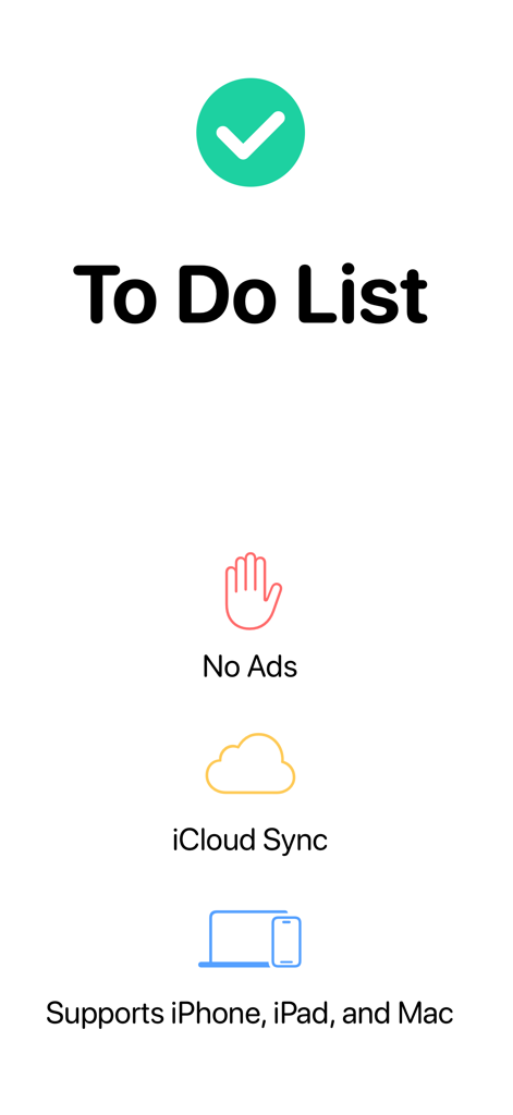To Do List - Reminders & Tasks - To Do List app introduction screen highlighting no ads, iCloud sync, and Apple device compatibility