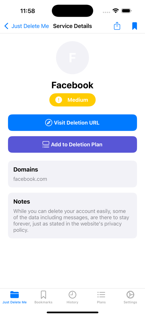 Service details for Facebook in Just Delete Me app showing deletion URL and difficulty rating