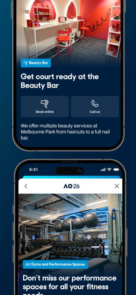 AO Player mobile app screens showcasing professional player amenities including Beauty Bar booking and gym performance spaces
